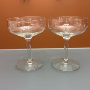 Vintage 1970s Etched 'Coupe' Champagne Glasses, Set of 2, estate sale, elegant